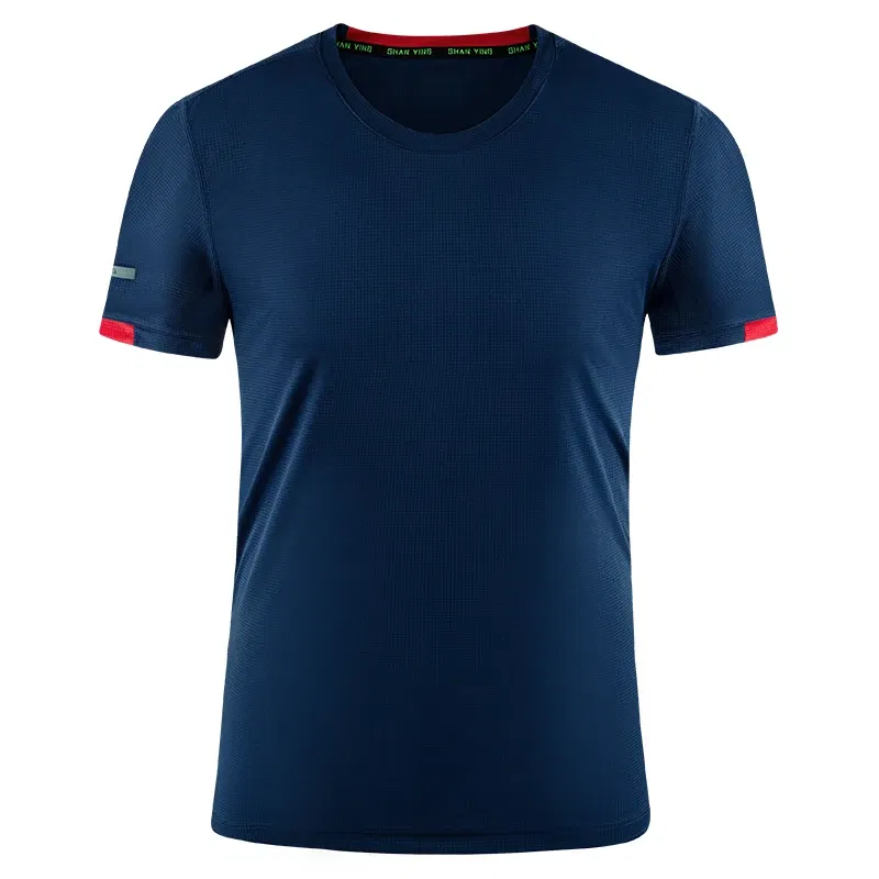 Color: Navy Blue, Size: XXL, Ships From: CN - Men's t-shirt quick-drying sports top, custom logo running T-shirt, trainer fitness shirt