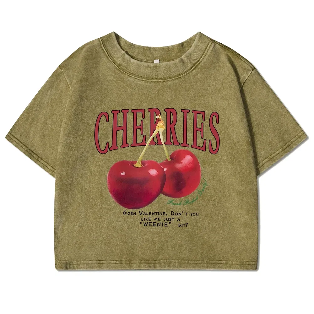 Color: army green, Size: L - Red Cherries Letter Printed Female T-shirt Fashion Summer Washed Clothing Casual Cotton Crop Top Retro Tee Shirts For Women