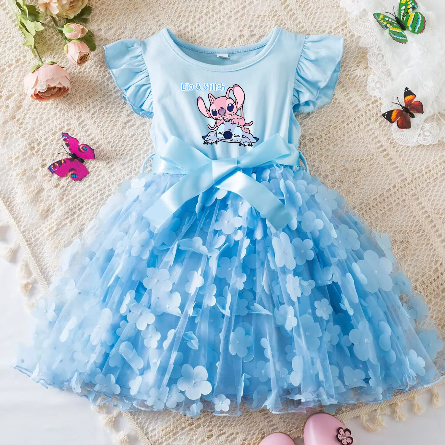Color: PURPLE, Size: M - 3D Butterfly Cute Lilo Stitch Summer Dress for Kid's Casual Clothes Baby Girls Beautiful Princess Dress Party Dresses 2-6 Yrs