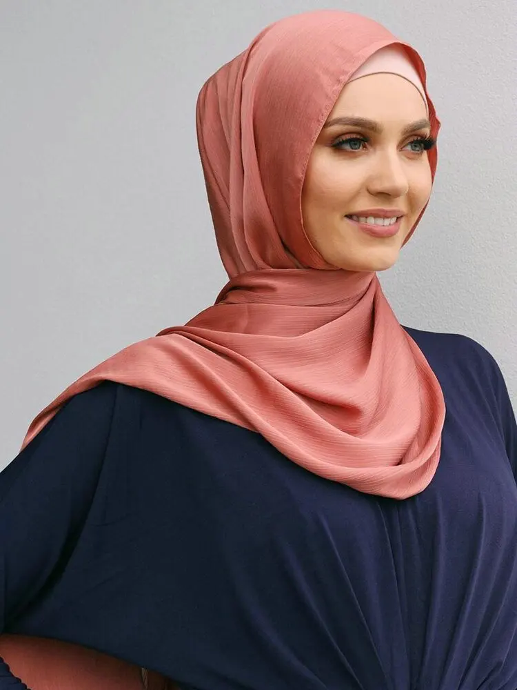 Color: Champagne - Hot Premium Satin Crinkle Hijab Scarf Chiffon Shawl Plain Muslim Women Hijabs Breathab Islam Women Turban Pleated Scarf Ramadan