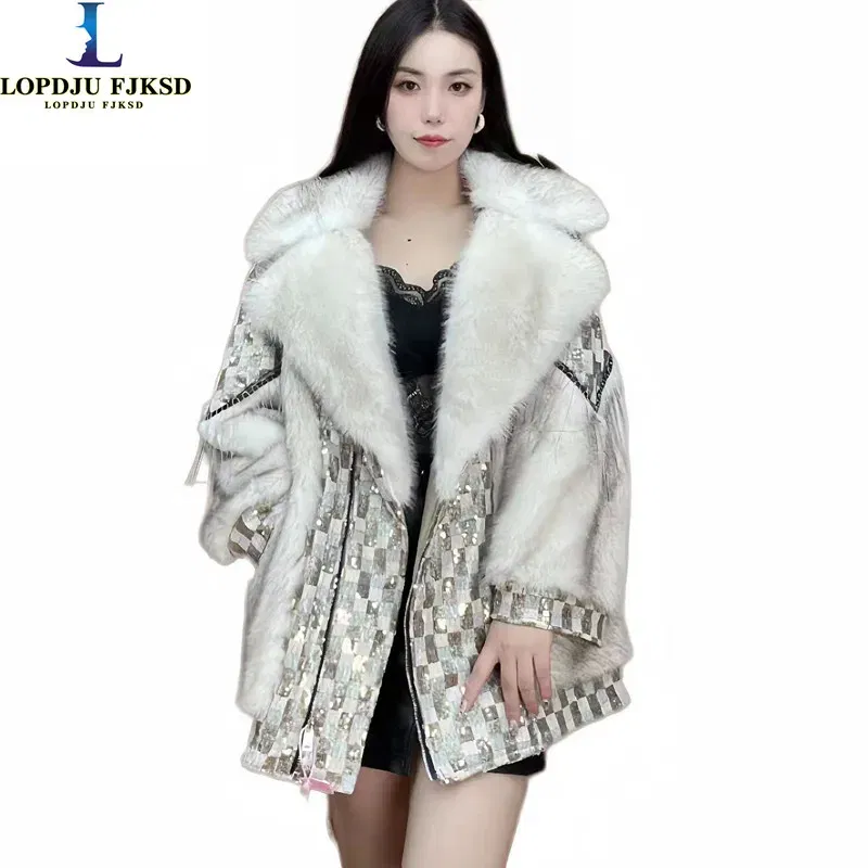 Color: Khaki, Size: One Size - Women's Winter Faux Lamb Fur Coats, Sequins Spliced Long Jacket, Loose Thicken Warm Clothes, High Quality, Promotion, New, 2023