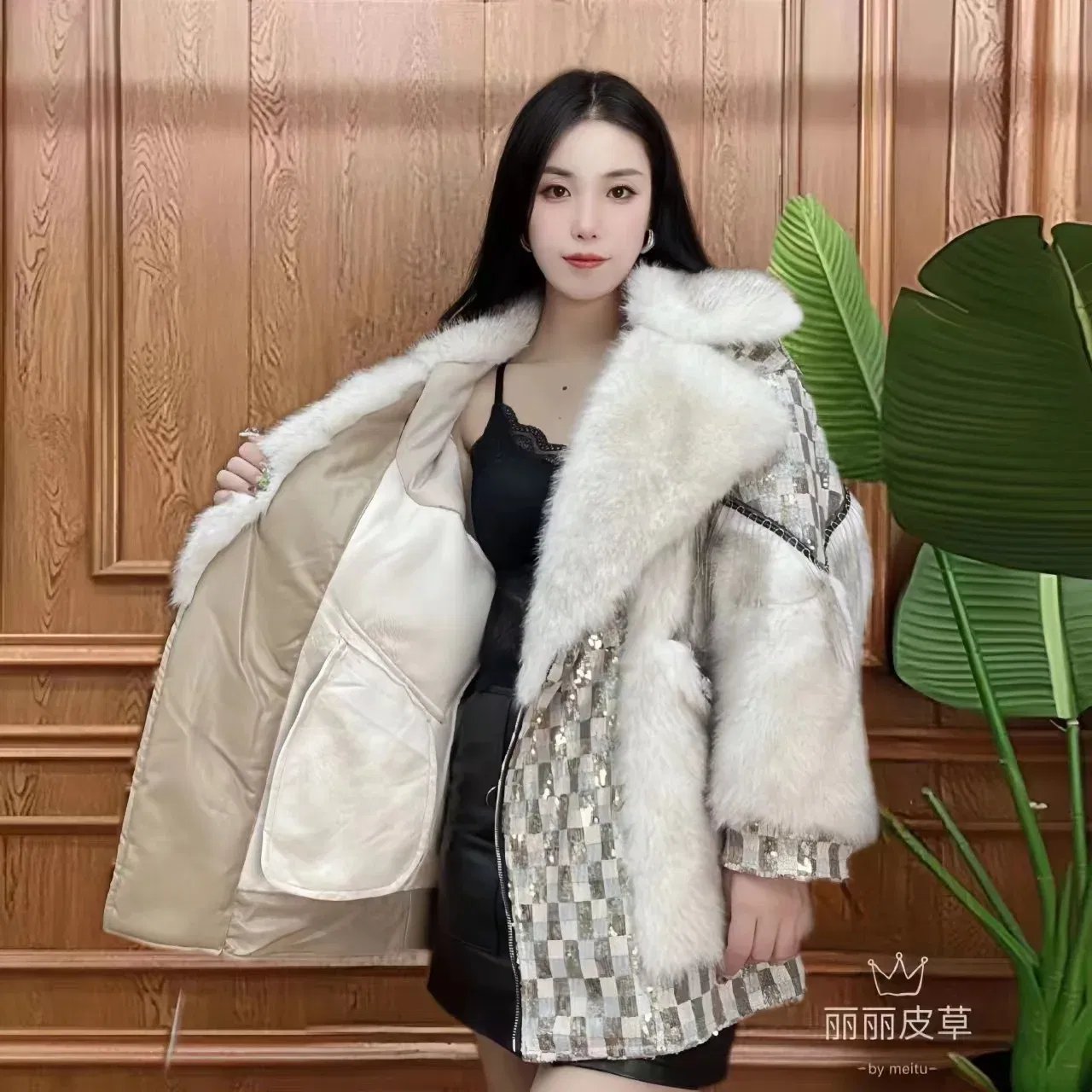 Color: Khaki, Size: One Size - Women's Winter Faux Lamb Fur Coats, Sequins Spliced Long Jacket, Loose Thicken Warm Clothes, High Quality, Promotion, New, 2023
