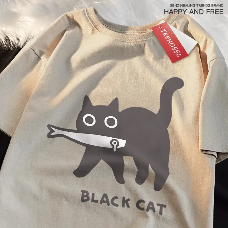 Color: Gold, Size: XL - Fun A Black Cat Eating Fish Japanese Style Men Women T-Shirt Fashion Print T Shirt Breathable Oversize T-Shirts Cotton Clothes