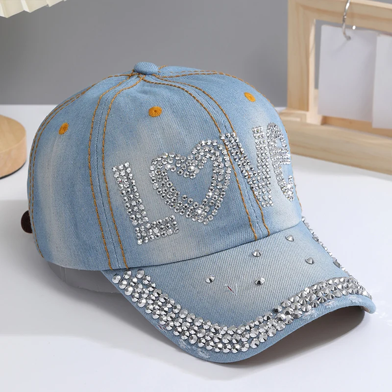 Color: Sky blue, Size: Adjustable - A Women?™s Sparkle Bling Rhinestone Bejeweled Cotton Denim Baseball Cap