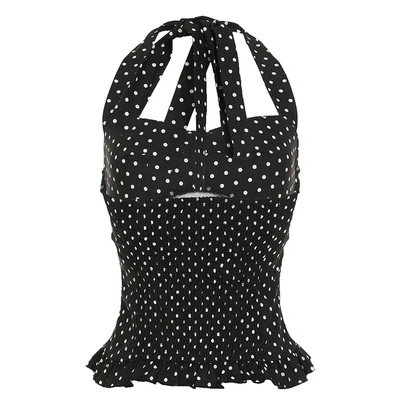 Color: black, Size: L - Causal Cute Polka Dot Print Halter Women Tops Fashion Chic Simple Patchwork Summer New Slim Blouses