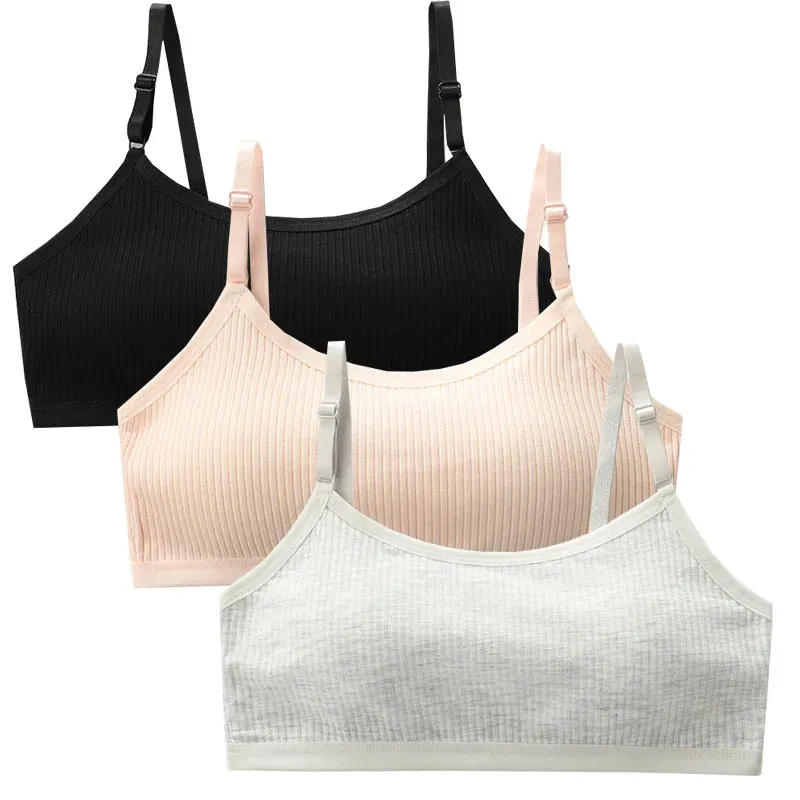 Color: Dark Grey, Kid Size: 2T - 3pcs Cotton Children Innerwear Girls Bras Removable Sponge Cup Puberty Students Training Bras Breathable Teenage Girl Brassieres