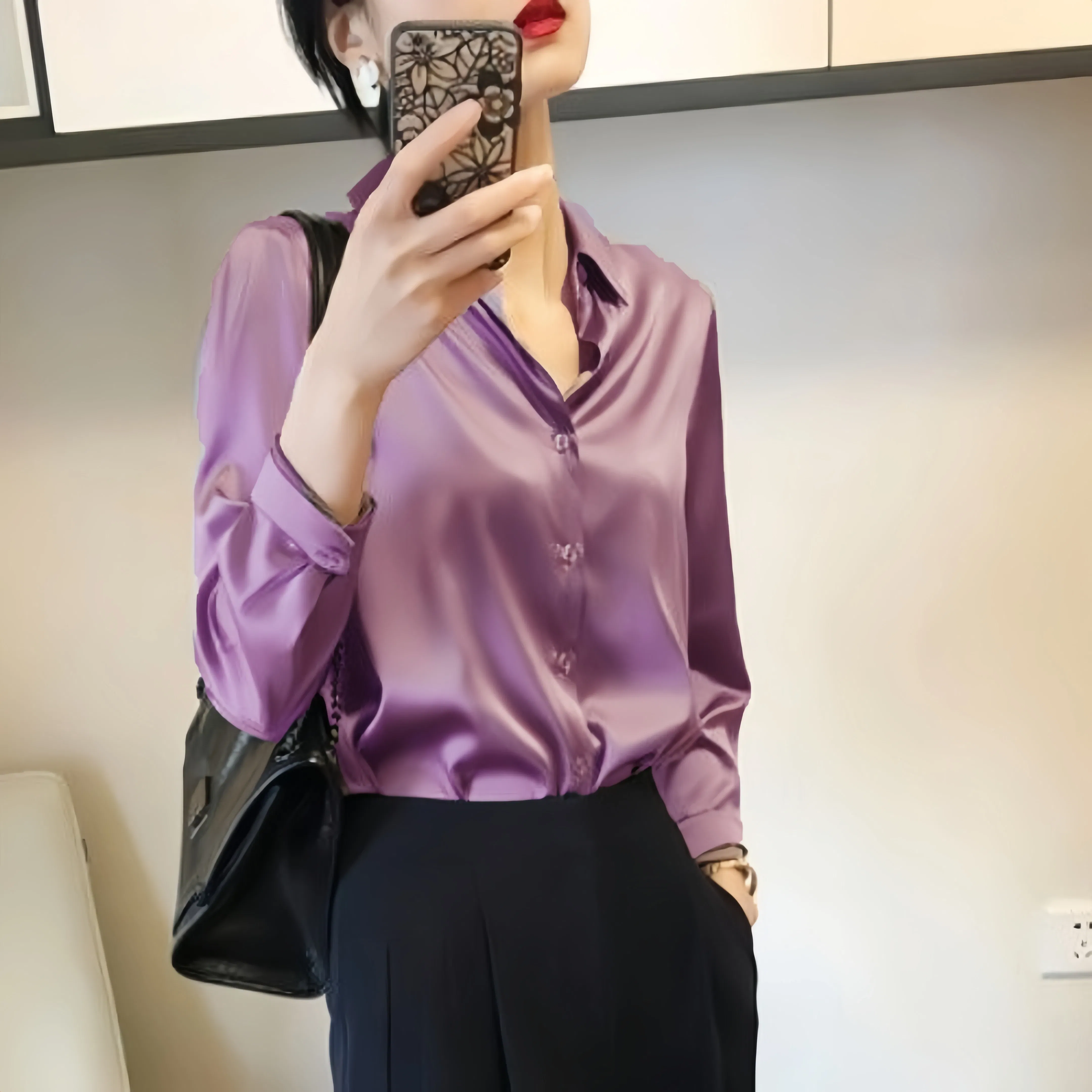 Color: PURPLE, Size: XXL - All-match Satin Finish Shirts And Blouses Women Clothing Casual Top OL Long Sleeve Button Elegant Shirts French Solid Blouses