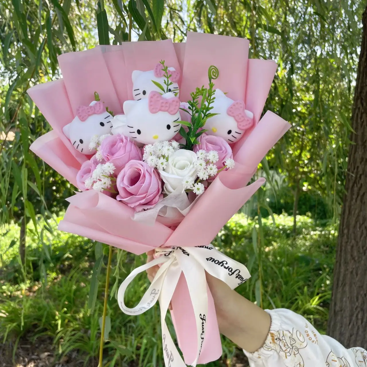Color: WHITE - Kawaii Hello Kitty Cat Dolls With Artificial Flowers Creative Bouquet Christmas Valentine Birthday Graduation Gifts