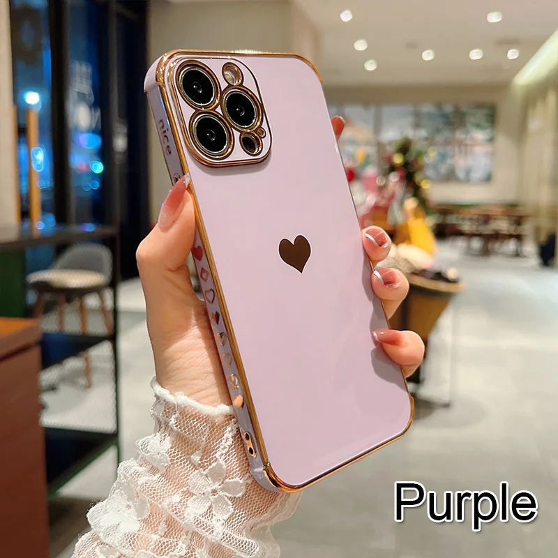 Color: Orange, Ships From: CN, Material: PP - Electroplating Side Love Heart Phone Case For IPhone 16 15 14 13 12 11 Pro Max XR 8 Plus SE2/SE3 Shockproof Back Cover