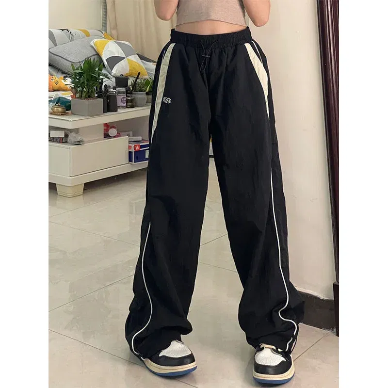 Color: Brown, Size: XL - Women Spring Retro Solid Loose Drawstring Trousers Casual Joggers Baggy Wide Leg Sweatpants Mid Waist Sporty Y2k Female Clothes