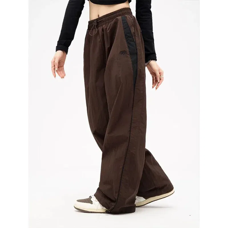 Color: Brown, Size: XL - Women Spring Retro Solid Loose Drawstring Trousers Casual Joggers Baggy Wide Leg Sweatpants Mid Waist Sporty Y2k Female Clothes