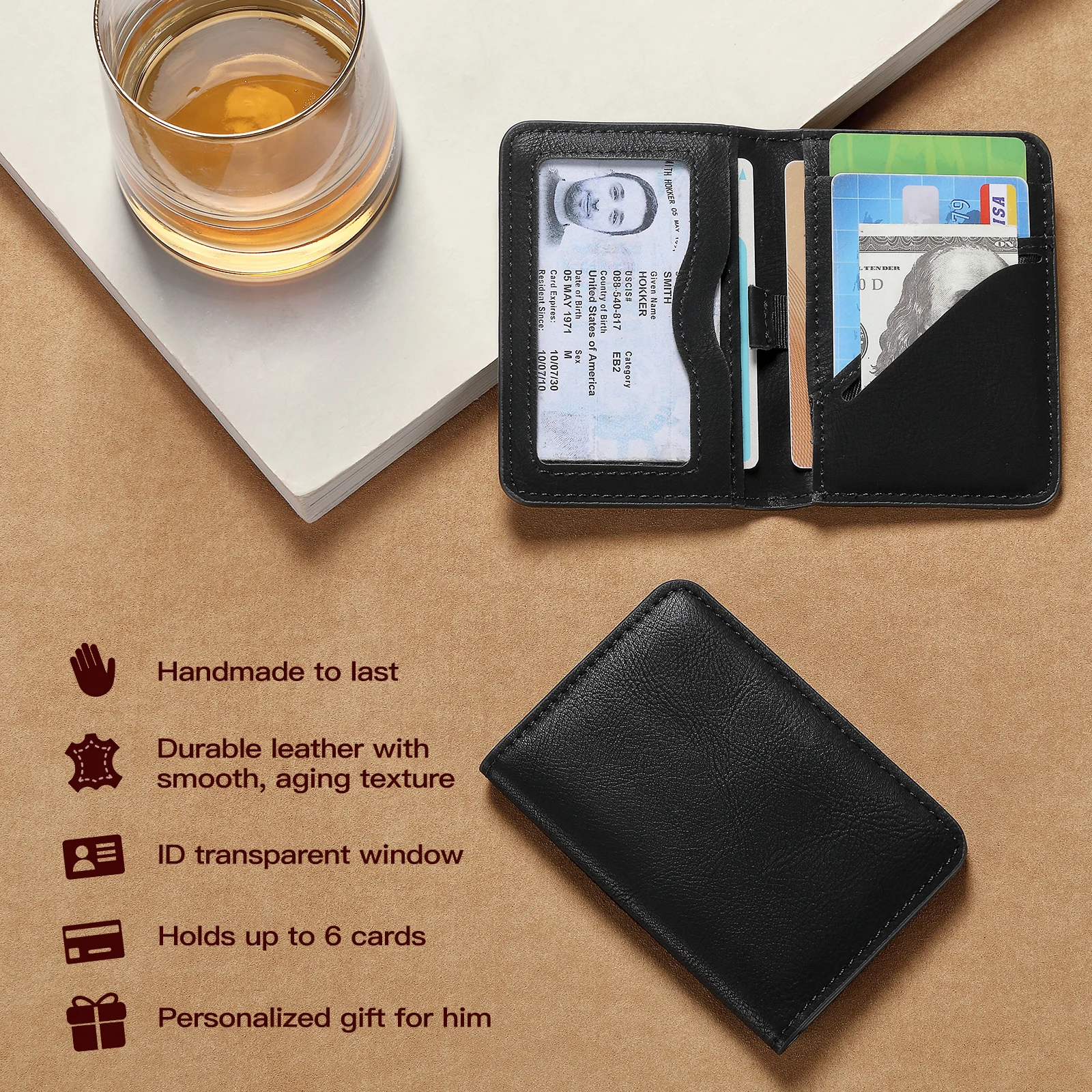 Color: Brown - Rfid Blocking Leather Front Pocket Wallet For Men Slim Minimalist Men's Credit Card Holder Ultra Thin Wallet Male With ID Window