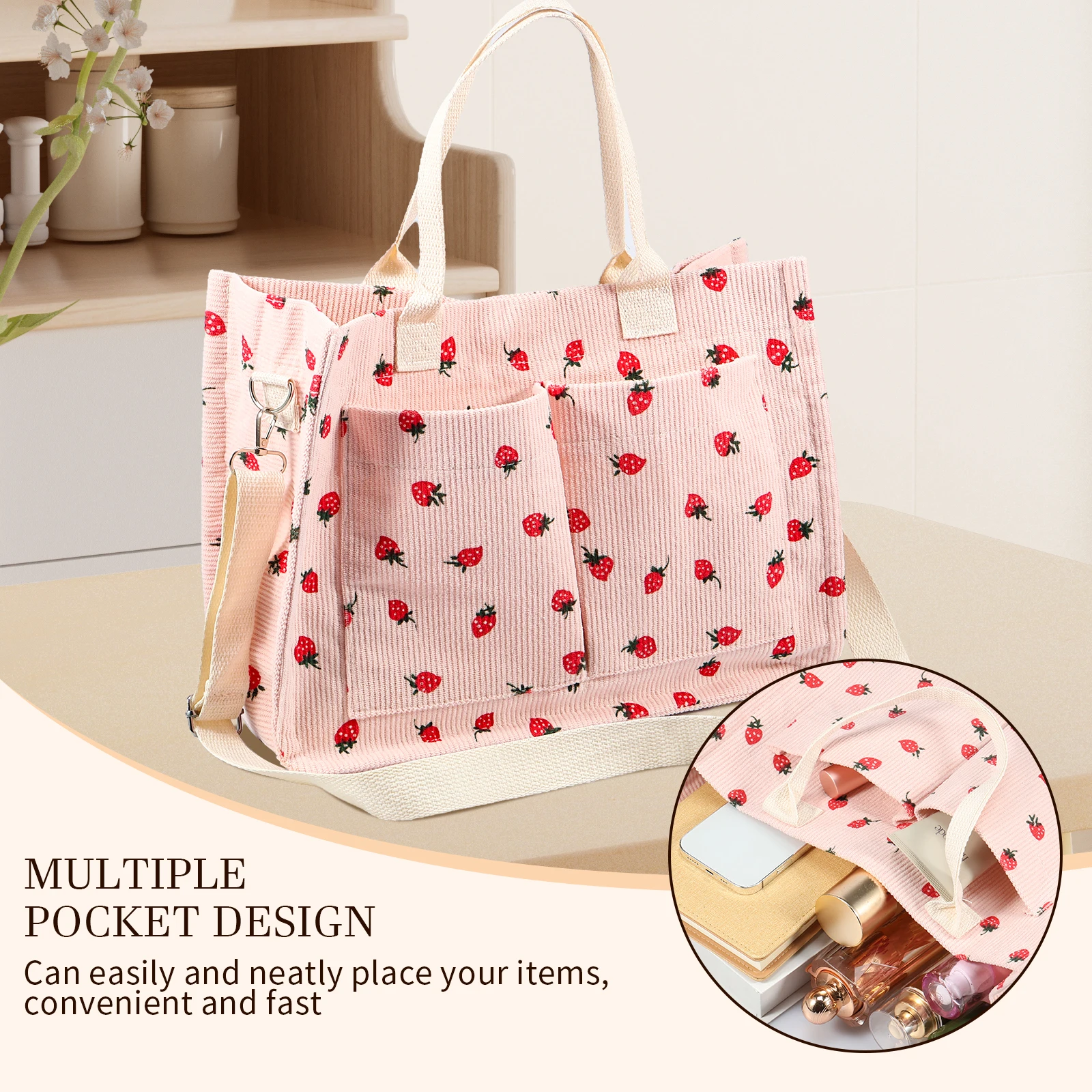 Color: black - Tote Bag Cute Strawberry Patched Purse for Women Fabric Large Capacity Tote Purse Enduring Tote Bag with Adjustable Shoulder