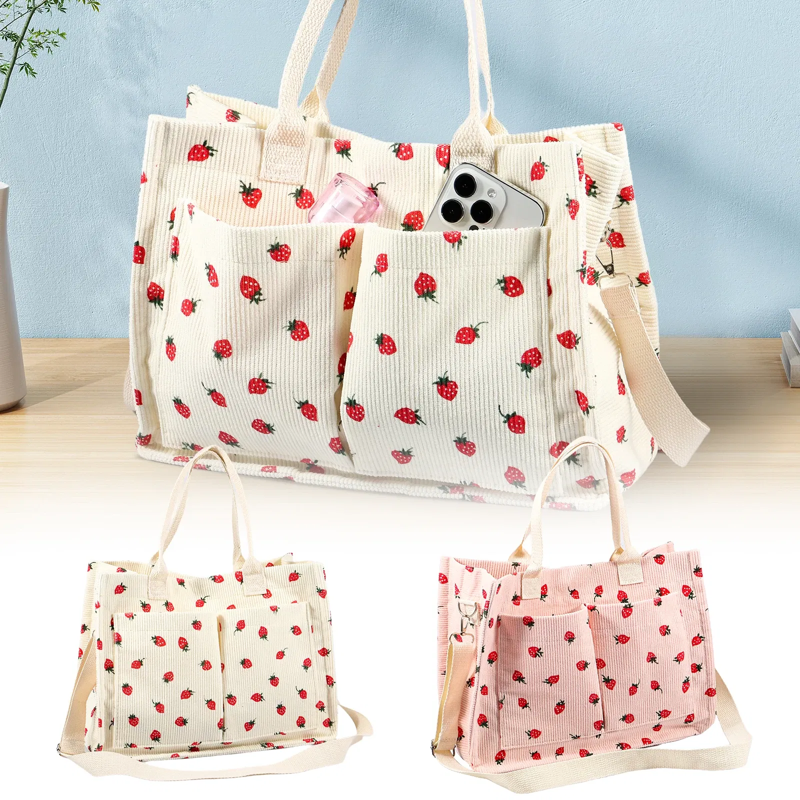Color: black - Tote Bag Cute Strawberry Patched Purse for Women Fabric Large Capacity Tote Purse Enduring Tote Bag with Adjustable Shoulder