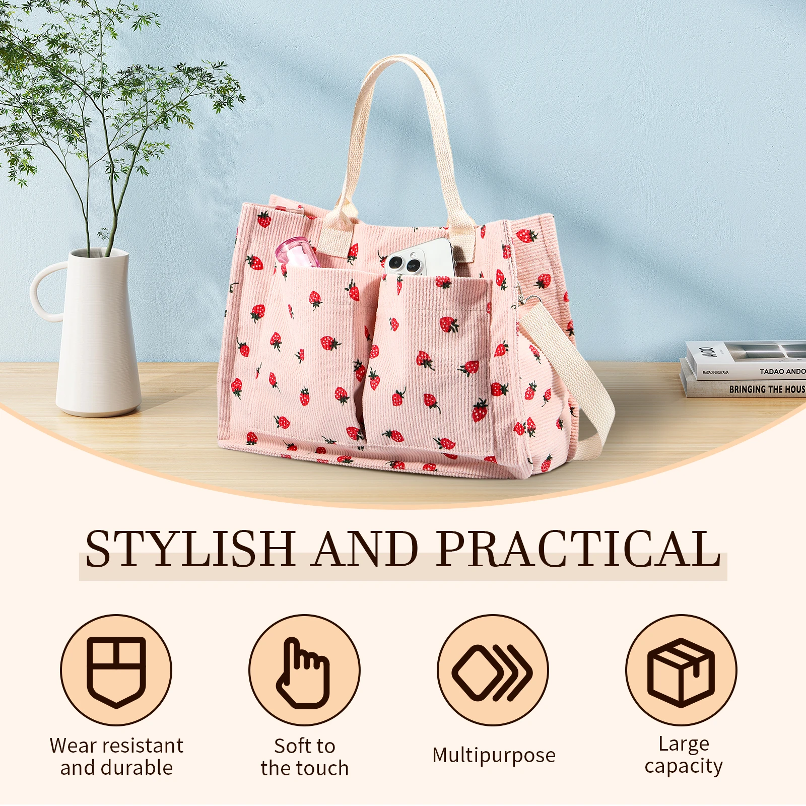 Color: black - Tote Bag Cute Strawberry Patched Purse for Women Fabric Large Capacity Tote Purse Enduring Tote Bag with Adjustable Shoulder