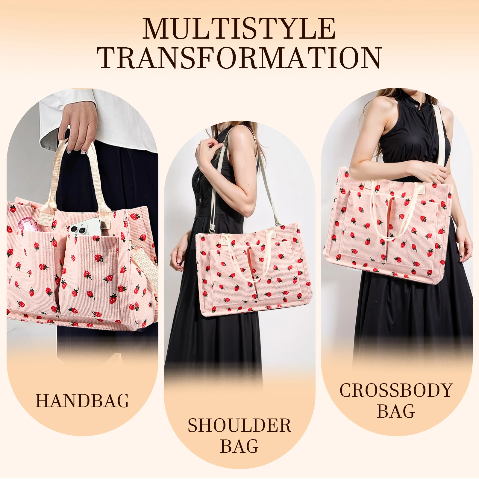 Color: black - Tote Bag Cute Strawberry Patched Purse for Women Fabric Large Capacity Tote Purse Enduring Tote Bag with Adjustable Shoulder