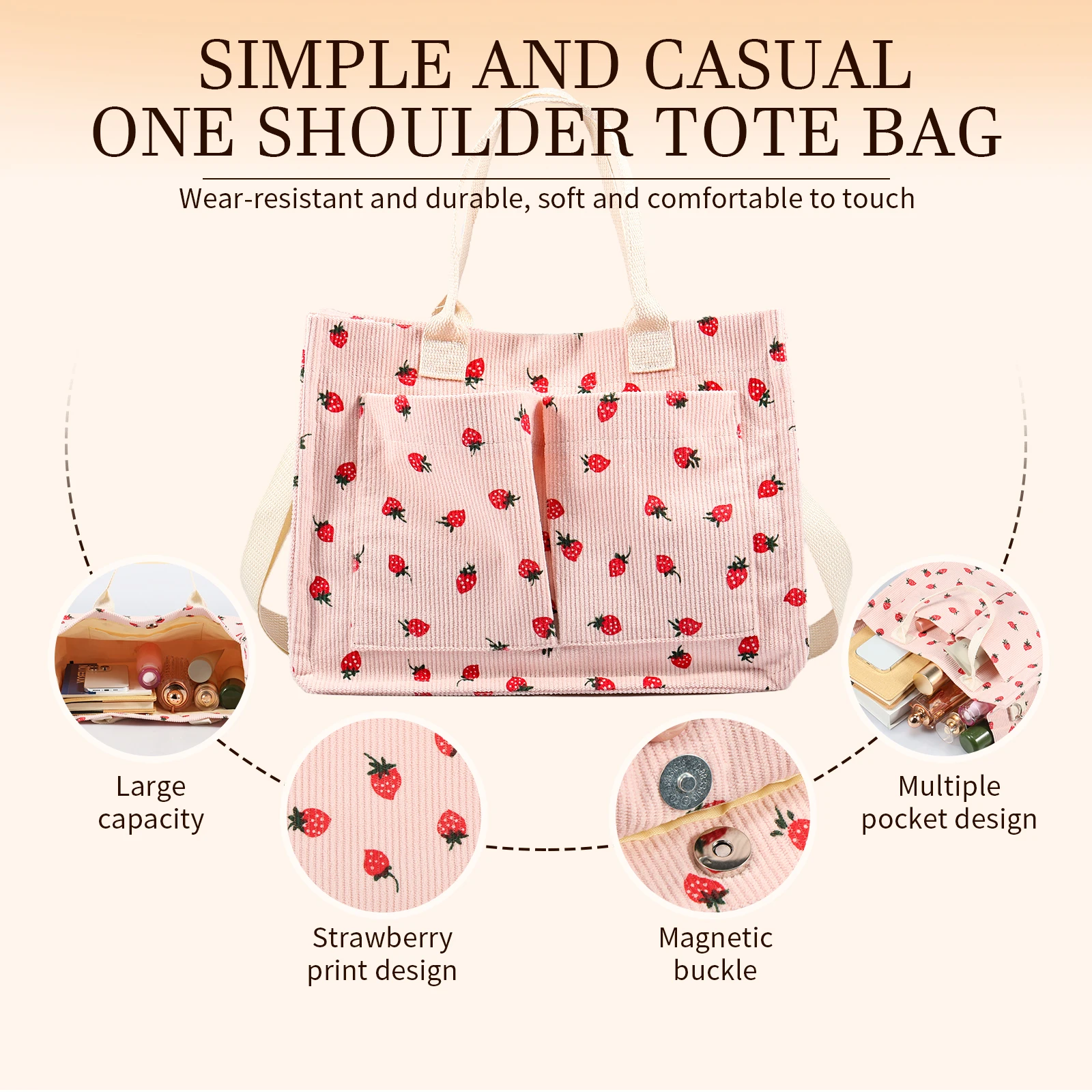 Color: black - Tote Bag Cute Strawberry Patched Purse for Women Fabric Large Capacity Tote Purse Enduring Tote Bag with Adjustable Shoulder