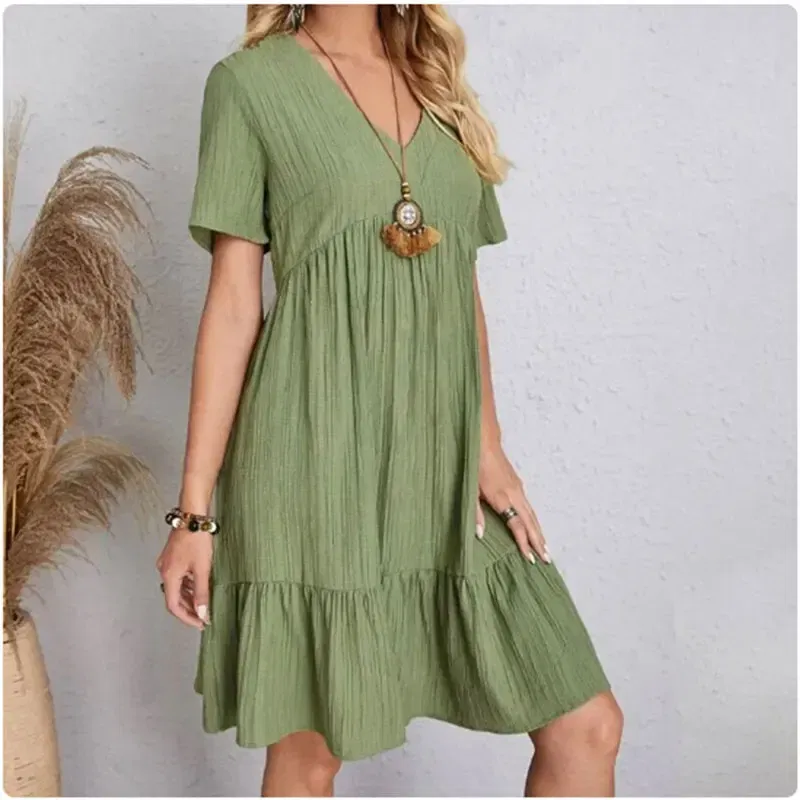 Size: XL, Color: green - Women Summer Peplum Dresses Spring V-Neck Short Sleeve Loose Waist Ruffle Fit Flare Vocation Dresses