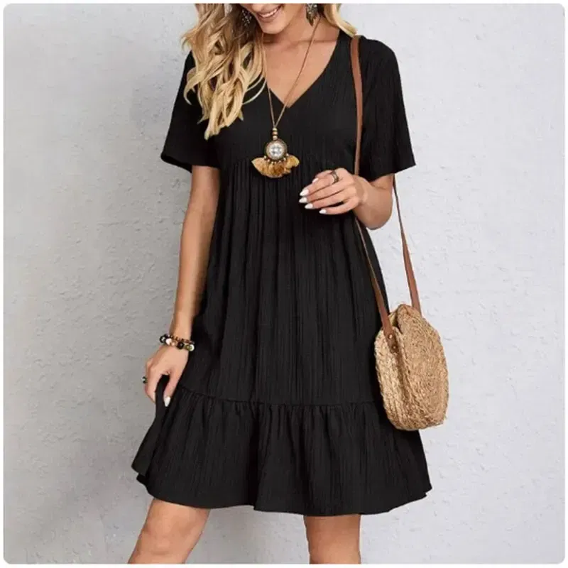 Size: XL, Color: green - Women Summer Peplum Dresses Spring V-Neck Short Sleeve Loose Waist Ruffle Fit Flare Vocation Dresses