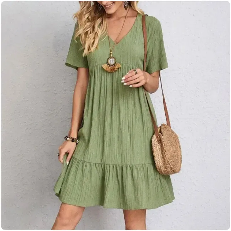Size: XL, Color: green - Women Summer Peplum Dresses Spring V-Neck Short Sleeve Loose Waist Ruffle Fit Flare Vocation Dresses