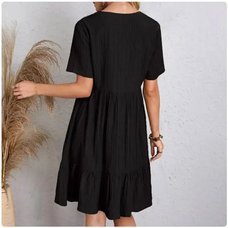 Size: XL, Color: green - Women Summer Peplum Dresses Spring V-Neck Short Sleeve Loose Waist Ruffle Fit Flare Vocation Dresses