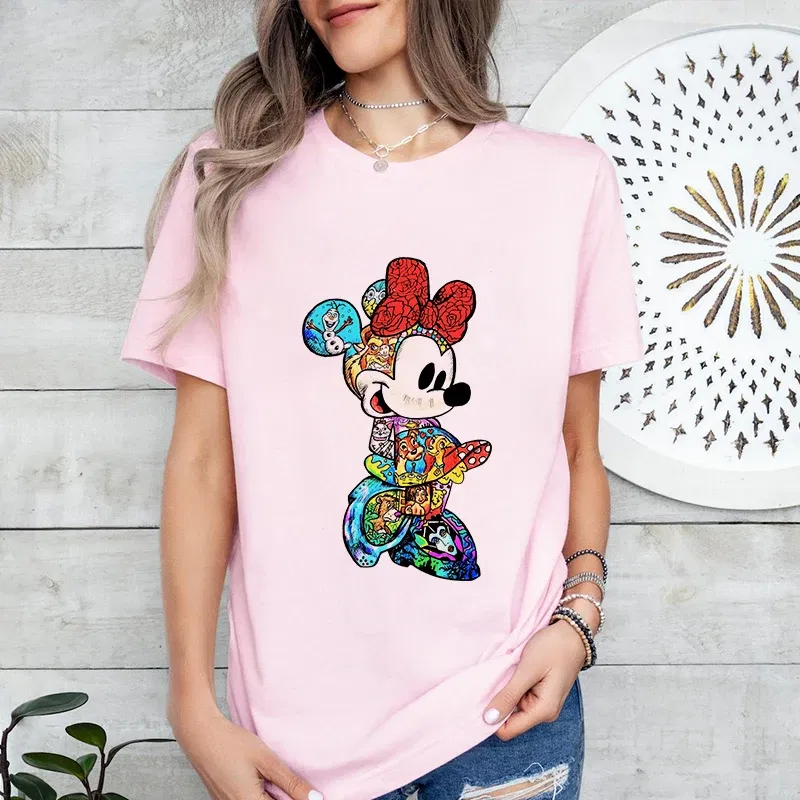 Color: Brown, Size: XXL - Disney Couples Mickey Mouse Minnie Print T-shirt Couples Men's and Women's Cotton Short Sleeve Casual Tops
