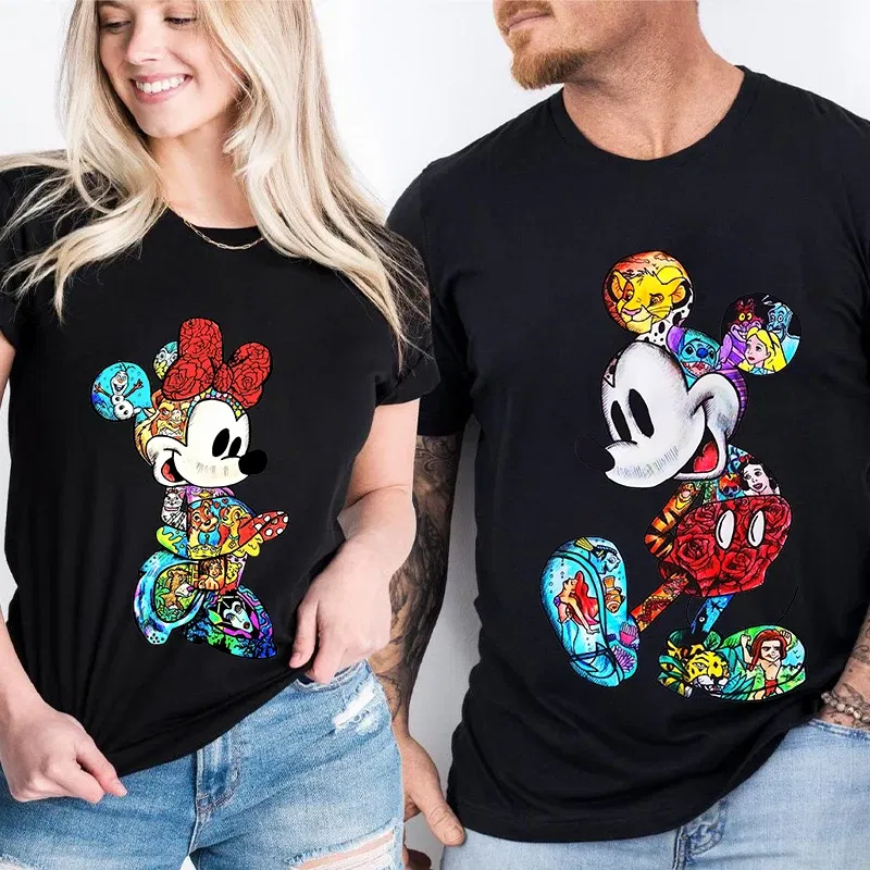 Color: Brown, Size: XXL - Disney Couples Mickey Mouse Minnie Print T-shirt Couples Men's and Women's Cotton Short Sleeve Casual Tops