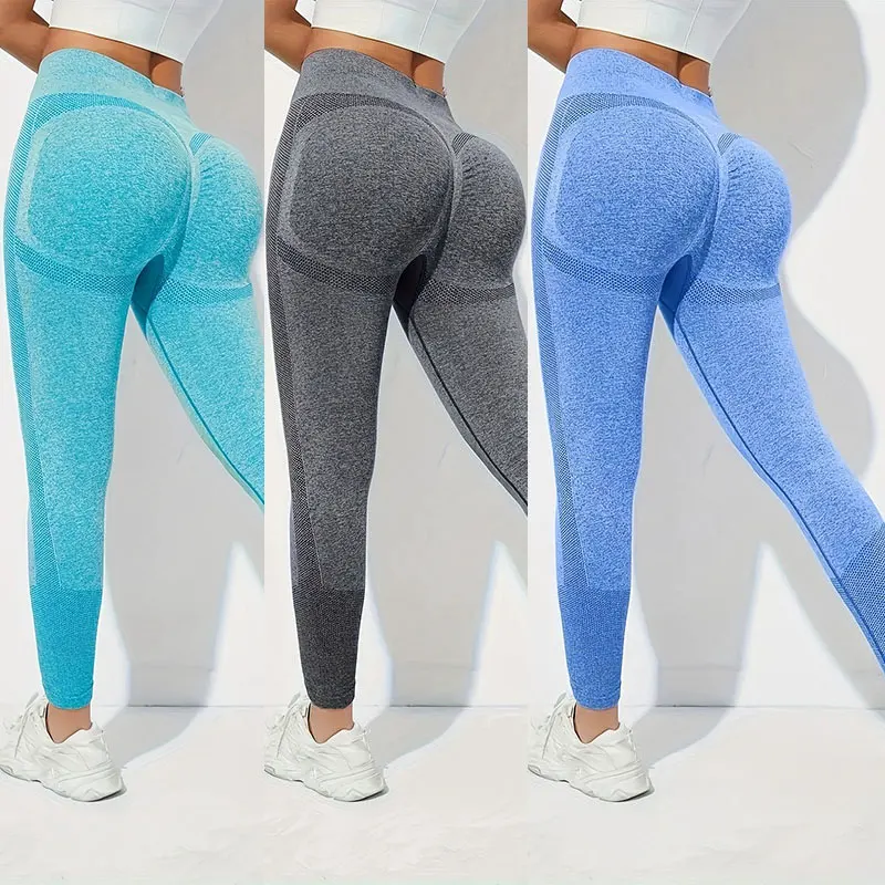 Size: M, Color: Beige - Yoga Basic 3pcs Fitness Gym Tights Seamless Hip-hugging Tummy Control Yoga Leggings With Punch Out Holes
