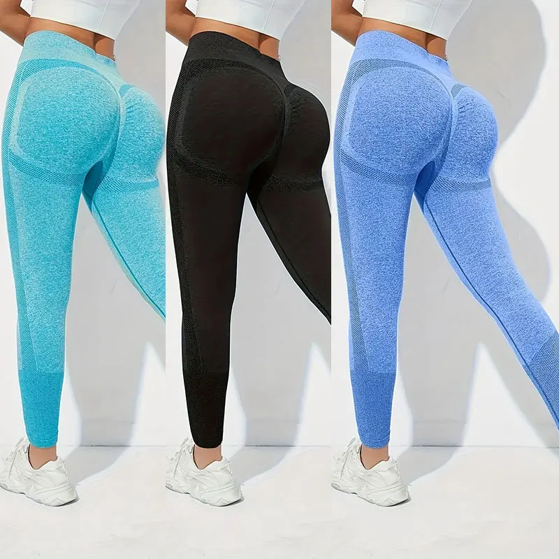 Size: M, Color: Beige - Yoga Basic 3pcs Fitness Gym Tights Seamless Hip-hugging Tummy Control Yoga Leggings With Punch Out Holes