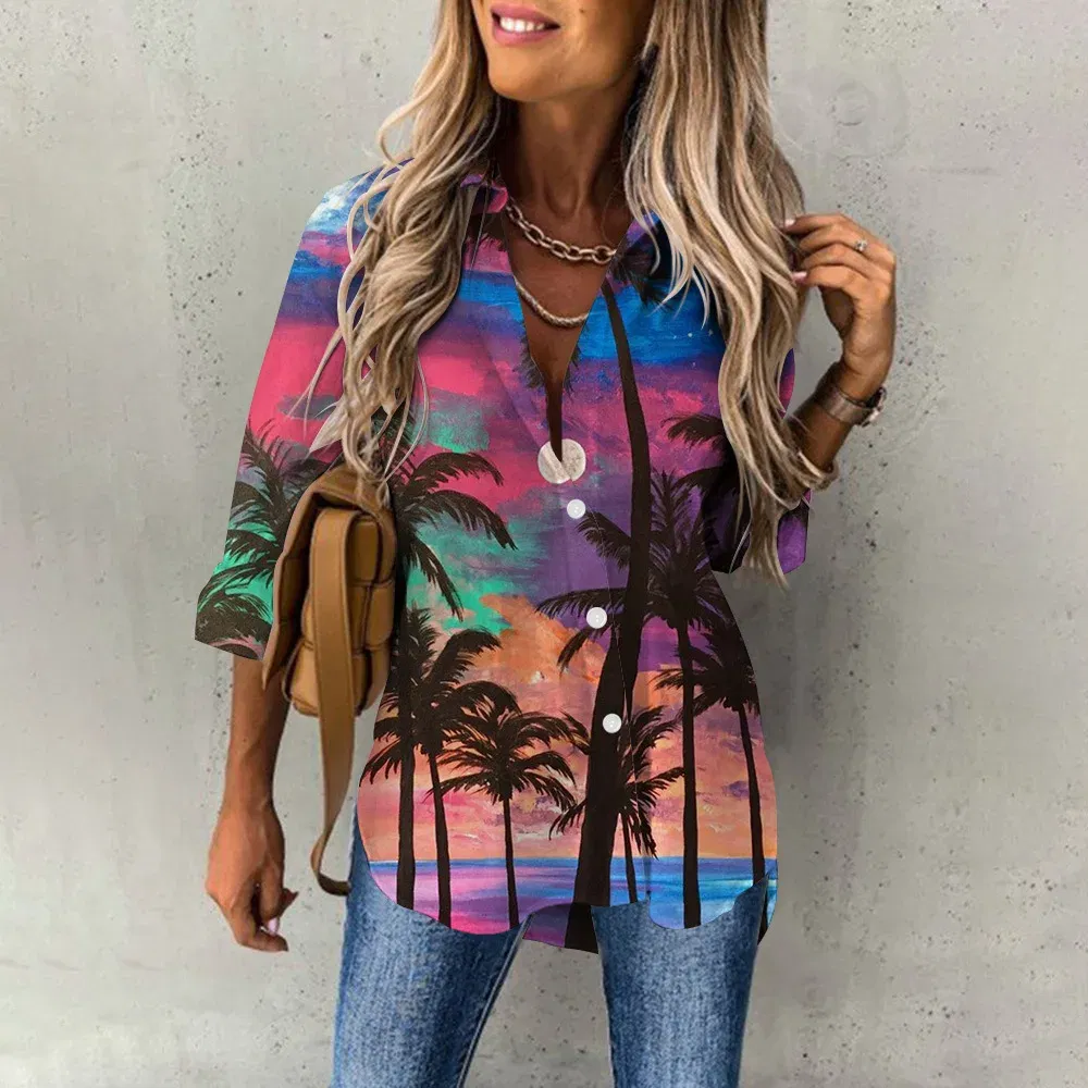 Color: green, Size: S - Ladies Long Sleeved Shirt Vacation Style Coconut Tree 3D Digital Printed Button Up Collar Loose Casual Ladies Blouse 2024 Autumn