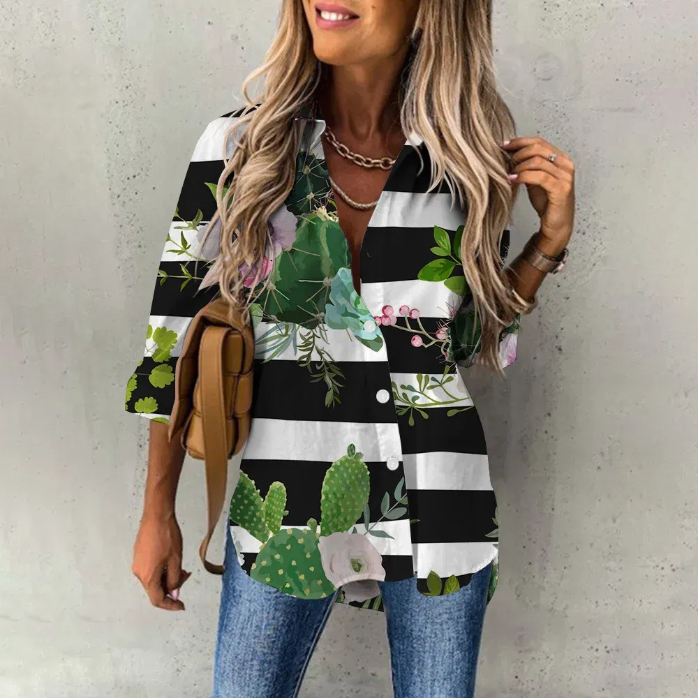 Color: green, Size: S - Ladies Long Sleeved Shirt Vacation Style Coconut Tree 3D Digital Printed Button Up Collar Loose Casual Ladies Blouse 2024 Autumn
