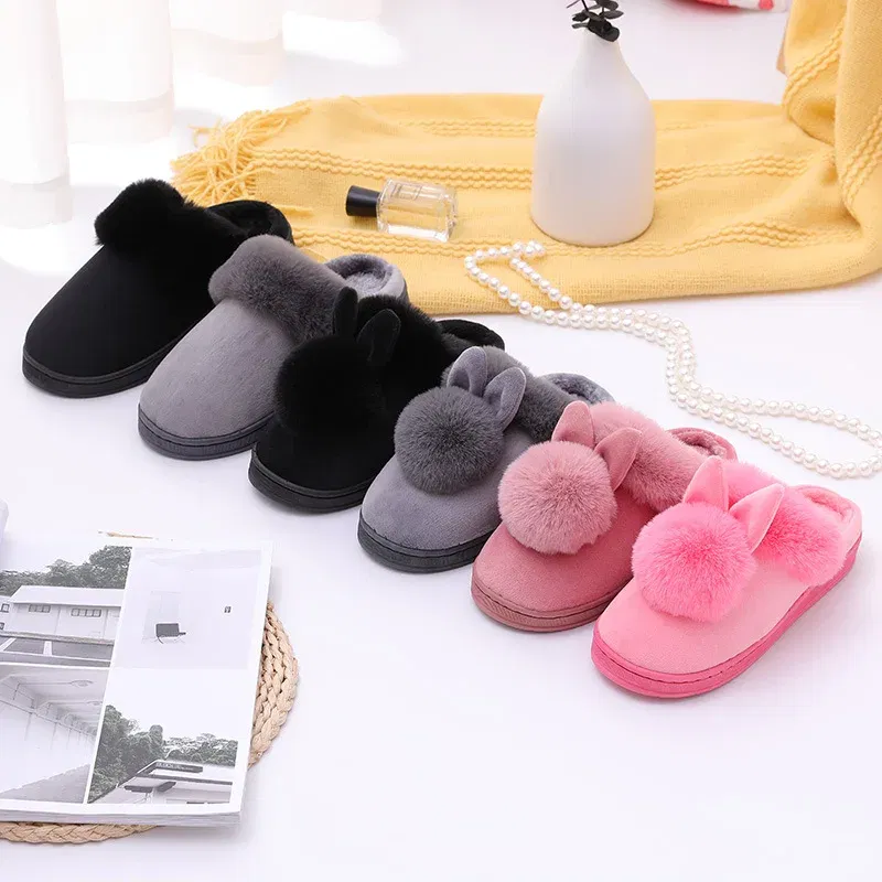 Color: black, Shoe Size: 33.5 - 2023 Autumn Winter Women Men Cotton Slippers Rabbit Ear Home Indoor Home Slides Warm Shoes Women'S Cute Plus Plush Slippers