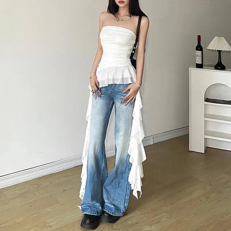 Color: WHITE, Size: L - Nibber 2024 Spring New Solid Color Sweet Gentle Cute All-match High Street Travel Sexy Cool Women Chest Wrap ruched Tassel Vest