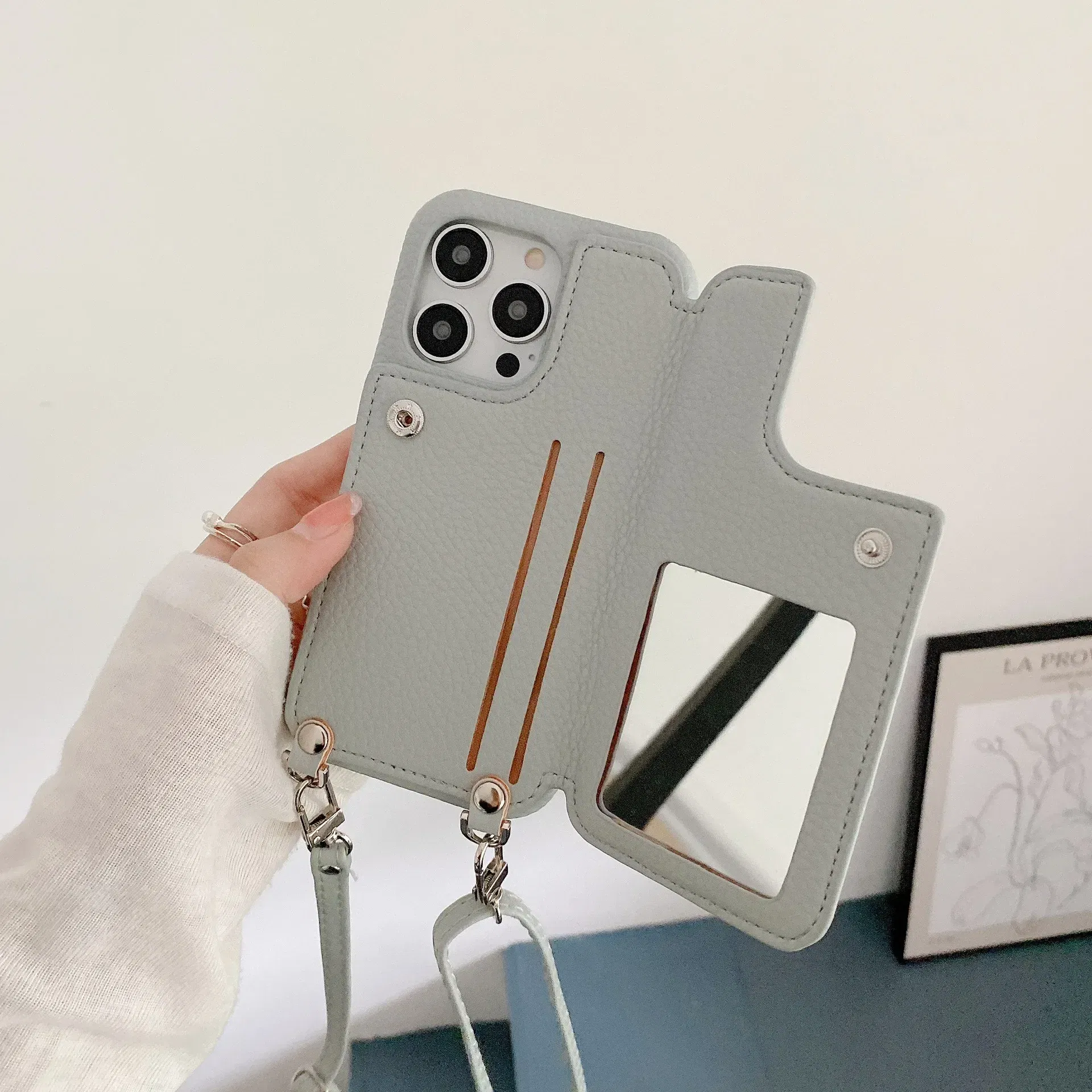 Material: tpu, Color: Clear - Zipper Wallet Makeup Mirror Crossbody Lanyard Case For iPhone 16 15 14 Pro Max 13 12 11 XR XS 7 8 Plus Card Slot Leather Cover