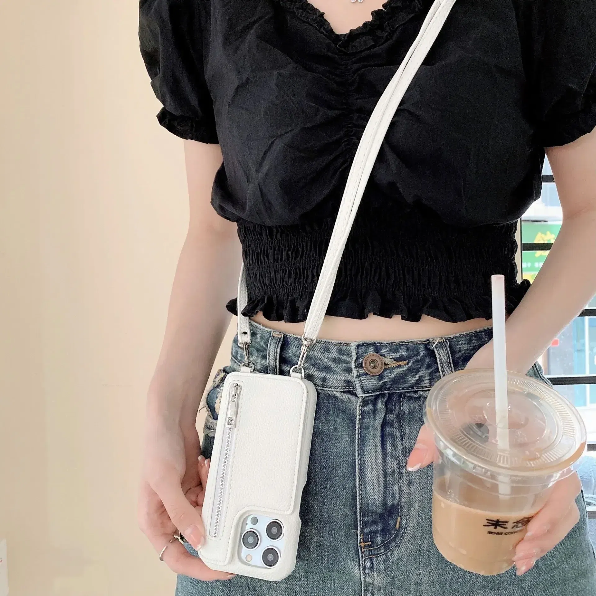 Material: tpu, Color: Clear - Zipper Wallet Makeup Mirror Crossbody Lanyard Case For iPhone 16 15 14 Pro Max 13 12 11 XR XS 7 8 Plus Card Slot Leather Cover