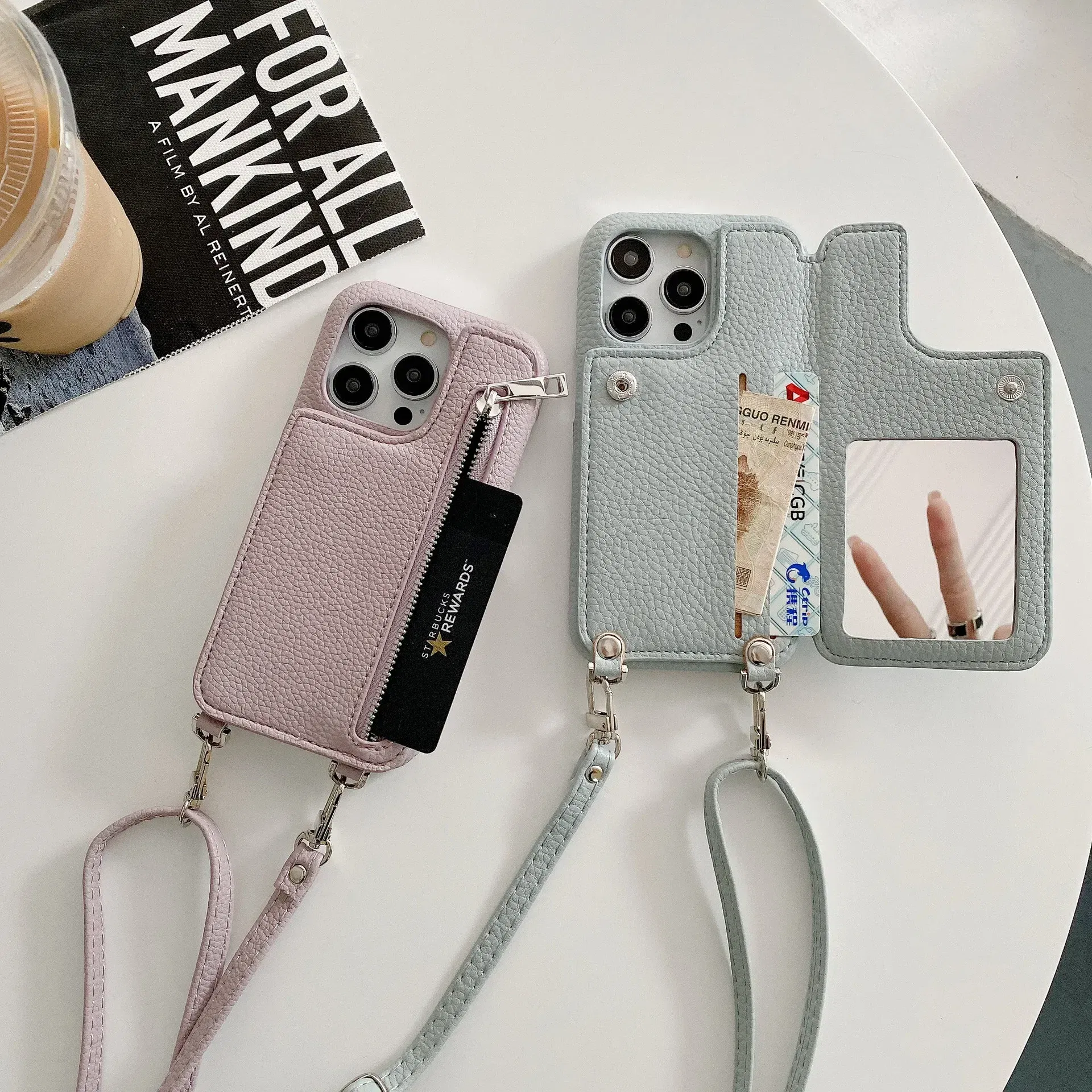 Material: tpu, Color: Clear - Zipper Wallet Makeup Mirror Crossbody Lanyard Case For iPhone 16 15 14 Pro Max 13 12 11 XR XS 7 8 Plus Card Slot Leather Cover