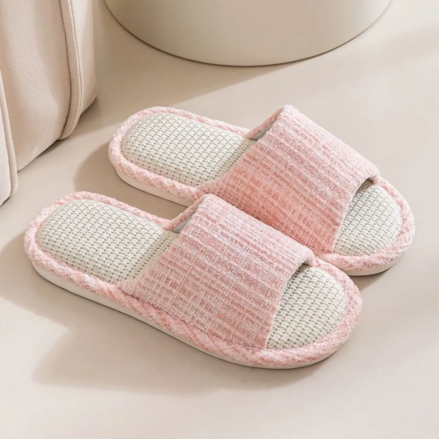 Color: Straw, Shoe Size: 38-39 - 2024 New Women's Fashion Home Linen Couple Slippers Breathable Home Shoes Moisture Absorbing Anti slip Cotton Linen Slippers