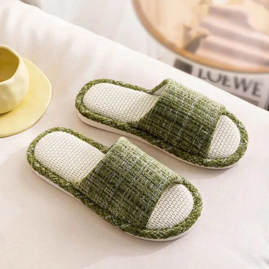 Color: Straw, Shoe Size: 38-39 - 2024 New Women's Fashion Home Linen Couple Slippers Breathable Home Shoes Moisture Absorbing Anti slip Cotton Linen Slippers