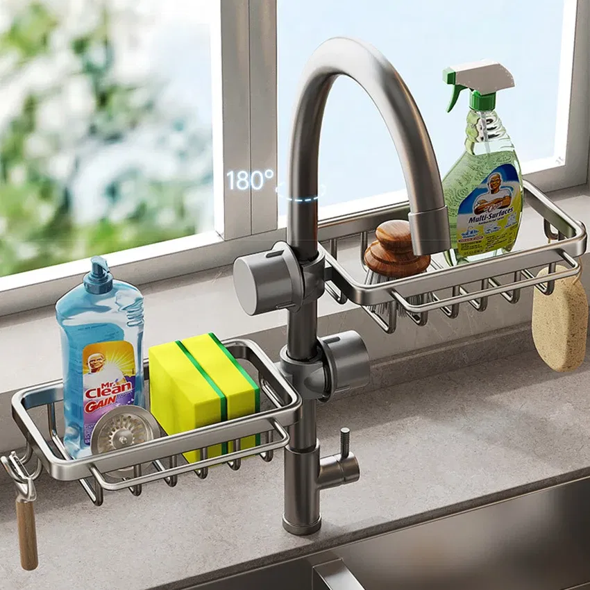 Color: DEEP BLUE - New Rust-proof Kithen Faucet Drainer Rack Sponge Towel Holder Shelf Bathroom Soap Organizer Stand Sink Accessories Storage Stand