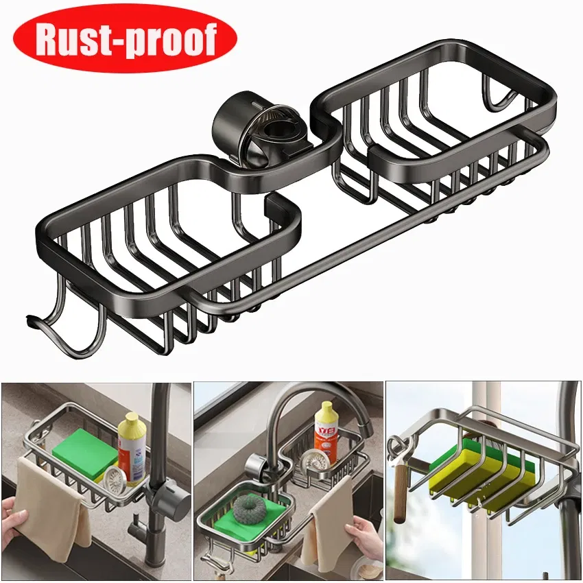 Color: DEEP BLUE - New Rust-proof Kithen Faucet Drainer Rack Sponge Towel Holder Shelf Bathroom Soap Organizer Stand Sink Accessories Storage Stand