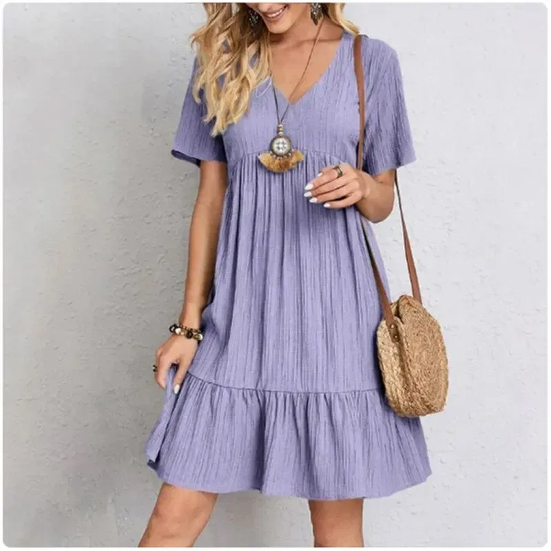 Size: M, Color: green - Women Summer Peplum Dresses Spring V-Neck Short Sleeve Loose Waist Ruffle Fit Flare Vocation Dresses