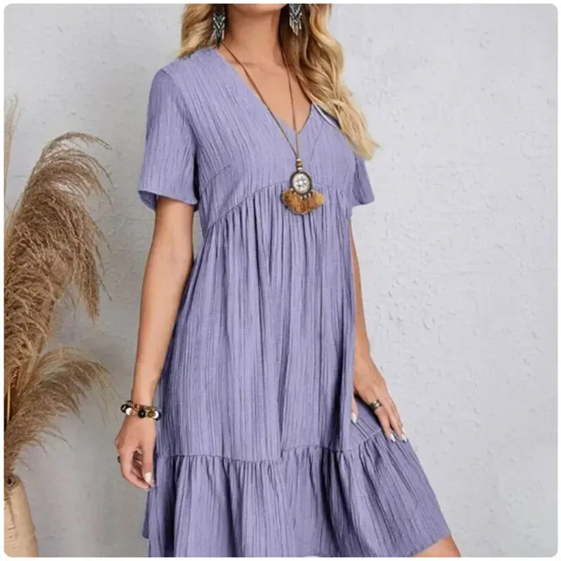 Size: M, Color: green - Women Summer Peplum Dresses Spring V-Neck Short Sleeve Loose Waist Ruffle Fit Flare Vocation Dresses