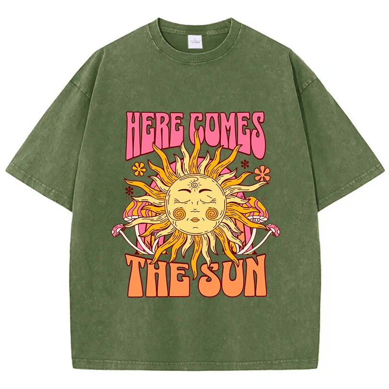 Color: army green, Size: L - Oversize Women's Washed T-Shirt Cotton Here Comes The Sun Prints T Shirts Casual O-Neck Short Sleeve Tops Loose Women's Clothes