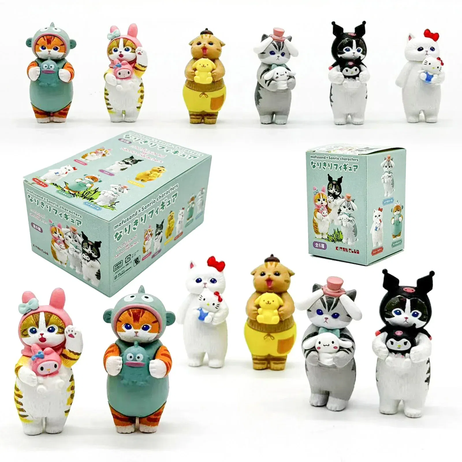 Color: Yellow - Mofusand Cats Wearing Sanrio Characters Clothes Holding Dolls Cute Figure Blind Box My Melody Kuromi Cinnomoroll Hello Kitty