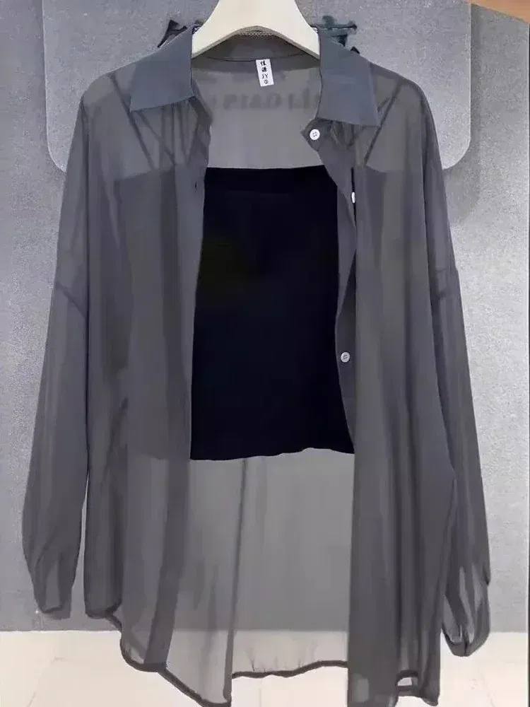 Size: 4XL, Color: Silver# - Plus Size Women?™s Shirts 2025 Summer Breathable and Sun-Proof Ice Silk with Button Thin Loose Sheer Chiffon Blouses Long Sleeve