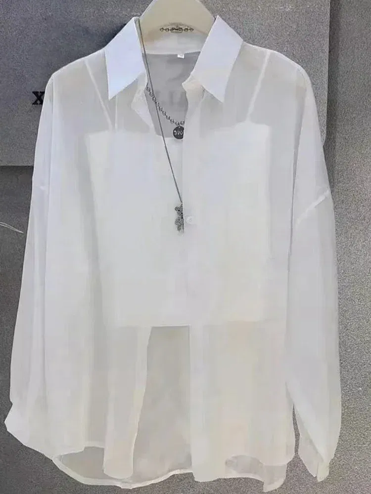 Size: 4XL, Color: Silver# - Plus Size Women?™s Shirts 2025 Summer Breathable and Sun-Proof Ice Silk with Button Thin Loose Sheer Chiffon Blouses Long Sleeve