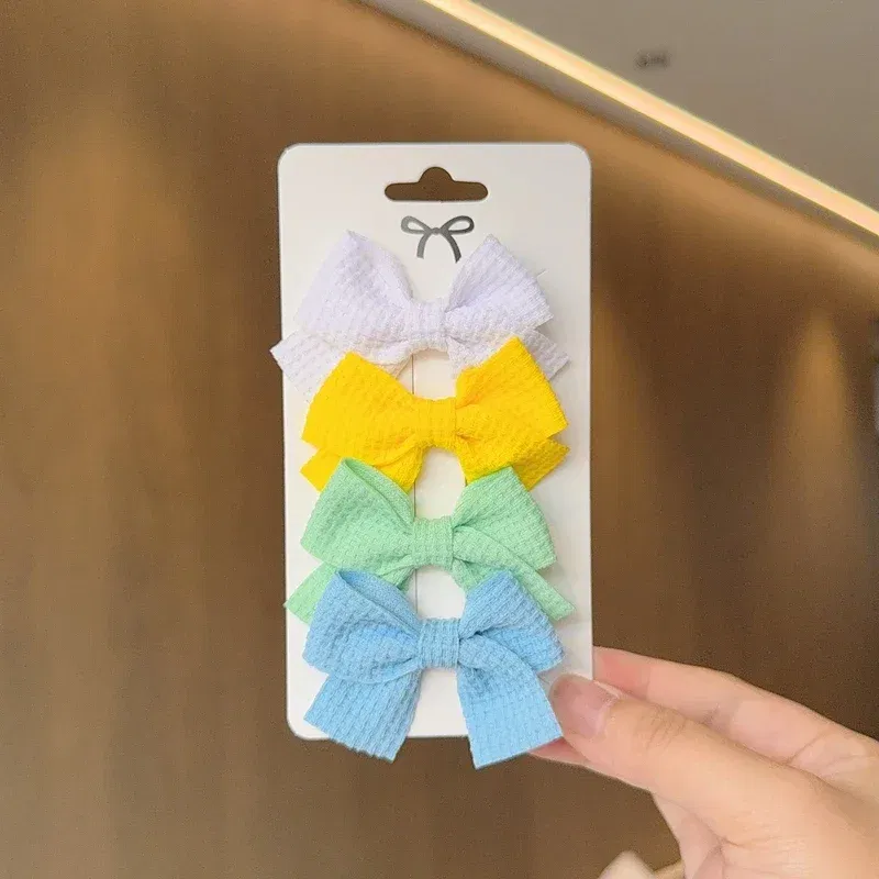 Color: Dark Khaki - 4PCS Soft Cotton Bow Hairpin Girl Sweet Plaid Design Hairpin Color Block Delicate Hairgripe Barrettes Kawaii Child Accessories