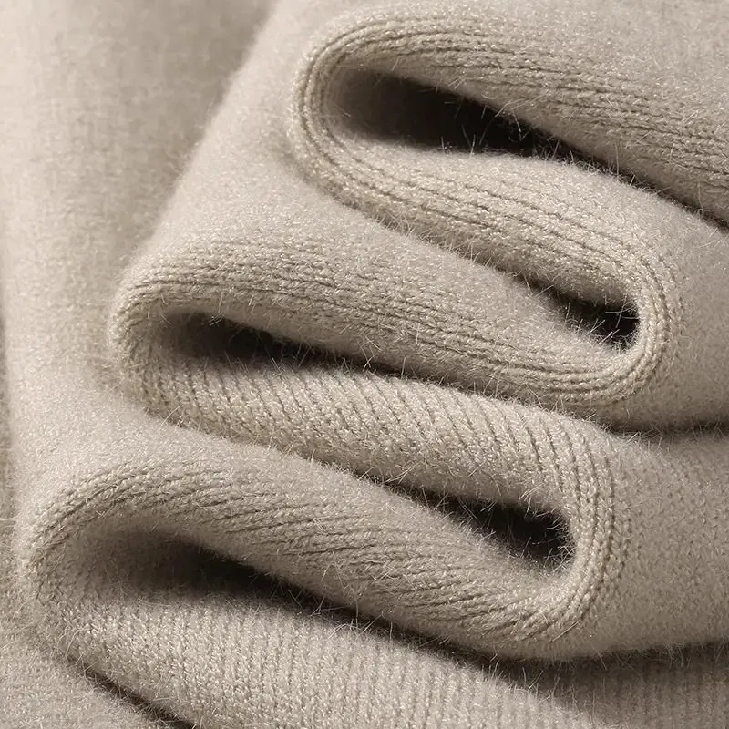 Color: Beige, Size: 4XL - Plush Men's Knitted Sweater Turtleneck with Velvet Padded Warm Solid Pullovers Autumn Winter Thick Bottom Casual O-Neck Sweater