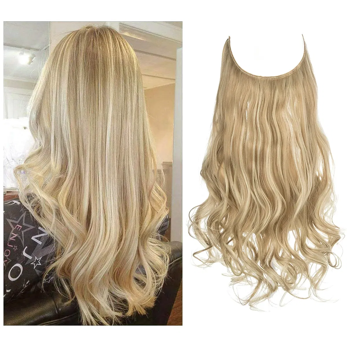 Color: P18/22, Stretched Length: 14inches - Synthetic No Clip Wave Hair Extensions Ombre Natural Black Blonde Pink One Piece False Hairpiece Fish Line Fake Hair Piece