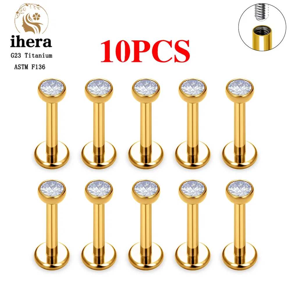 Metal color: SILVER PLATED, Ships From: CHINA, Main Stone Color: Silver - 10PCS G23 Titanium Labret Piercing Lip Ring 16G F136 Internal Thread Nose Stud Earring Tragus Helix Cartilage Piercing Jewelry